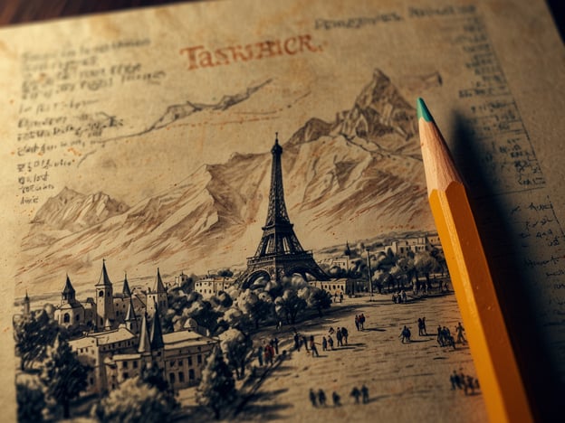 Auf dem Bild ist eine kunstvolle Zeichnung zu sehen, die den Eiffelturm in einer schönen Landschaft mit Bergen und einigen Gebäuden darstellt. Diese Art von Kunstwerk kann nostalgische Stimmungen hervorrufen und erinnert an Reisefotografien oder alte Touristenbroschüren.Wenn du Paris und den Eiffelturm besuchst, habe ich einige persönliche Tipps für dich:1. **Frühzeitig aufbrechen**: Der Eiffelturm kann sehr belebt sein. Wenn du die Menschenmengen vermeiden möchtest, rechne mit einem frühen Besuch, besonders am Wochenende.2. **Tickets im Voraus buchen**: Um lange Warteschlangen zu vermeiden, solltest du deineTickets online im Voraus kaufen.3. **Picknick im Park**: Der Trocadéro-Garten bietet eine fantastische Aussicht auf den Eiffelturm. Ein kleines Picknick dort kann sehr entspannend sein.4. **Abendliche Beleuchtung**: Der Eiffelturm ist abends beleuchtet und bietet eine zauberhafte Kulisse. Ein Besuch bei Dämmerung lohnt sich definitiv.5. **Fotomotive entdecken**: Suche nach alternativen Perspektiven und weniger bekannten Spots rund um den Turm für tolle Fotos – das gibt deiner Reise einen besonderen Touch.Genieße deinen Besuch!