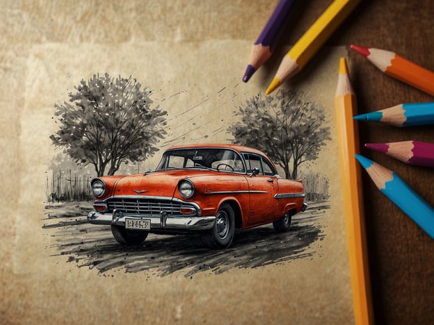 Auf dem Bild ist eine künstlerische Darstellung eines orangefarbenen Autos zu sehen, das in einer Landschaft mit Bäumen geparkt ist. Um das Bild herum liegen farbige Buntstifte, was darauf hindeutet, dass es sich um eine kreative oder zeichnerische Aktivität handelt.Die besten Zeiten für einen Besuch solcher Kunstwerke oder Ausstellungen sind oft bei besonderen Anlässen, wie beispielsweise während lokaler Kunstfestivals oder an Wochenenden, wenn Workshops oder Führungen angeboten werden. Auch zu Beginn des Frühjahrs oder Herbstes, wenn das Wetter angenehm ist, kann man viele kreative Projekte im Freien erleben.