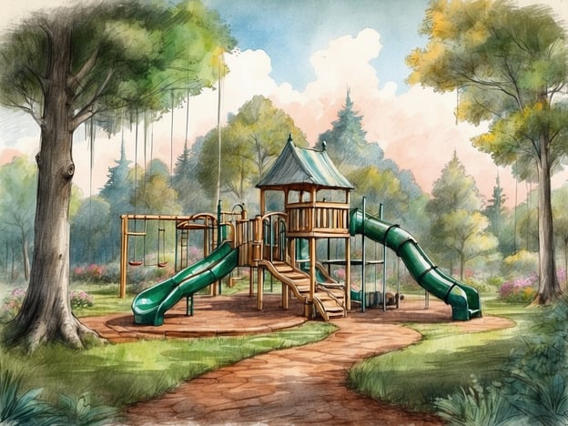 Auf dem Bild ist ein Spielplatz im Wald zu sehen, mit einer Struktur, die Rutschen und Schaukeln umfasst, umgeben von Bäumen und einer malerischen Landschaft.Der Waldspielplatz Zwieselstein ist ein Ort, an dem Kinder in der Natur spielen und sich austoben können. Solche Plätze sind oft so gestaltet, dass sie die Umgebung und die natürlichen Elemente integrieren, um ein sicheres und ansprechendes Spielumfeld zu bieten.