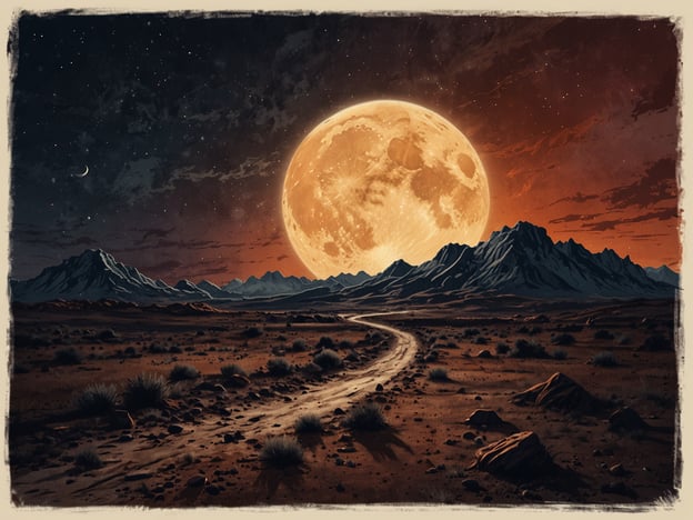 Auf dem Bild ist eine beeindruckende, mystische Landschaft mit einer riesigen, leuchtenden Mondscheibe über einer gebirgigen Kulisse zu sehen. Diese Szenerie erinnert stark an den Valle de la Luna (Tal des Mondes) in Chile, bekannt für seine surrealen Felsformationen und die atemberaubenden Lichtverhältnisse, besonders während des Sonnenuntergangs.Der Valle de la Luna ist Teil des Atacama-Wüstengebiets und bietet ein unvergessliches Erlebnis für Besucher. Die Anreise erfolgt in der Regel von der Stadt San Pedro de Atacama aus, die nur etwa 13 Kilometer entfernt liegt. Man kann mit dem Auto oder in organisierten Touren dorthin gelangen. Die Umgebung ist geprägt von spektakulären geologischen Formationen, sandigen Dünen und einzigartigen Strukturen, die durch Erosion entstanden sind. Der Kontrast zwischen dem sandigen Terrain und dem oft klaren, sternenreichen Himmel schafft eine traumhafte Atmosphäre, ähnlich der auf dem Bild dargestellten Szene.