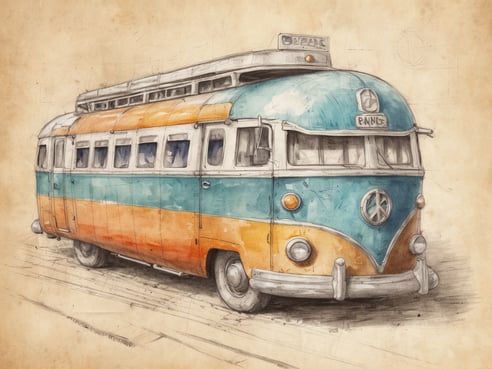 Ein farbenfroher alter Bus in blau und orange steht auf einer skizzierten Oberfläche. Der Bus hat große Fenster und ein charakteristisches Design mit einem Peace-Zeichen vorne. Die Zeichnung zeigt Details wie das Dach des Busses, das eine zusätzliche Ladetür hat, und die gealterte Papierrückseite verleiht dem Bild eine nostalgische Atmosphäre.