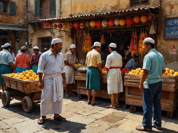 Auf dem Bild ist ein lebhafter Marktplatz zu sehen, der mit verschiedenen Obstständen reich bestückt ist. Die Menschen, die in traditioneller Kleidung gekleidet sind, scheinen frisches Obst zu verkaufen und zu kaufen, was ein typisches Bild für lokale Märkte in vielen Kulturen ist.Kulturell gesehen reflektiert dieser Markt die lebendige Geschäftigkeit und die sozialen Interaktionen, die in vielen Städten zu beobachten sind. Solche Märkte sind oft ein Zentrum des kulturellen Austausches, wo nicht nur Lebensmittel gehandelt werden, sondern auch Geschichten und Traditionen weitergegeben werden.In Bezug auf die lokale Gastronomie bietet ein solcher Markt zahlreiche frische Zutaten, die in traditionellen Gerichten verwendet werden. Beispielsweise könnten die frischen Früchte für regionale Desserts oder Snacks verwendet werden, während Gemüse und Gewürze die Basis für herzhafte Speisen bilden. Märkte wie dieser sind entscheidend für die Ernährung und die kulinarische Identität einer Region.