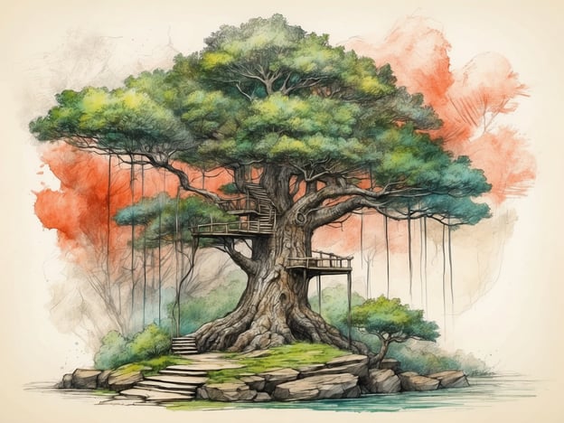 Auf dem Bild ist ein großer Baum mit einer Plattform oder einem Baumhaus zu sehen, das von einem dichten Blätterdach umgeben ist. Kinder könnten auf dem Waldspielplatz folgende Aktivitäten unternehmen:1. **Klettern**: Sie können auf die Plattform im Baum klettern und die Aussicht genießen.2. **Verstecken spielen**: Zwischen den Bäumen und Sträuchern gibt es viele Versteckmöglichkeiten.3. **Naturerkundungen**: Kinder können die Umgebung erkunden und Tiere oder interessante Pflanzen entdecken.4. **Seilbahn oder Schaukeln**: Wenn vorhanden, könnten Seilbahnen oder Schaukeln zur Verfügung stehen, um Spaß zu haben.5. **Picknick**: An den Fuß des Baumes können sie ein Picknick machen und gemeinsam essen.Diese Aktivitäten fördern die Motorik und Kreativität der Kinder und bieten viel Raum zum Spielen und Entdecken.