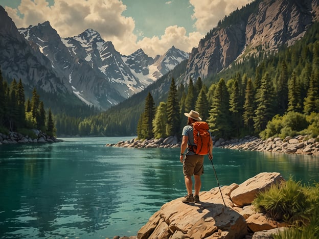 Auf dem Bild ist eine beeindruckende Naturlandschaft mit einem Wanderer zu sehen, der an einem ruhigen See steht, umgeben von majestätischen Bergen und dichten Wäldern. Diese Szenerie lädt sowohl Abenteuerlustige als auch Entspannungssuchende ein.Für Abenteuerlustige könnte eine Wanderung entlang des Ufers zu verborgenen Aussichtspunkten oder Wasserfällen eine spannende Aktivität sein. Zudem wäre das Kajakfahren auf dem klaren Wasser eine aufregende Möglichkeit, die Landschaft aus einer anderen Perspektive zu genießen.Entspannungssuchende könnten sich am Ufer niederlassen, die frische Luft einatmen und die Stille der Natur genießen. Ein Picknick oder einfaches Meditieren in dieser friedlichen Umgebung würde helfen, Stress abzubauen und neue Energie zu tanken.