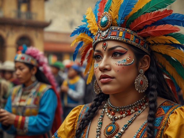 Auf dem Bild ist eine Frau in traditioneller Kleidung mit bunten Federn und auffälligem Schmuck zu sehen, die vermutlich während eines Festes oder Karnevals teilnimmt. Diese Art von Kostüm erinnert an den Oruro-Karneval in Bolivien, der für seine lebhaften Umzüge und kulturellen Darbietungen bekannt ist.Der Oruro-Karneval hat eine lange Geschichte, die bis in die vorkolumbianische Zeit zurückreicht. Ursprünglich war er ein religiöses Fest, das den Anden-Göttern gewidmet war. Mit der Ankunft der spanischen Kolonialisten vermischten sich indigene und europäische Traditionen, was zu der bunten und vielfältigen Feier führte, die wir heute sehen. Der Karneval ist auch für seine Tanzgruppen und theatralischen Darstellungen bekannt, die die Geschichte und Kultur der Region widerspiegeln.