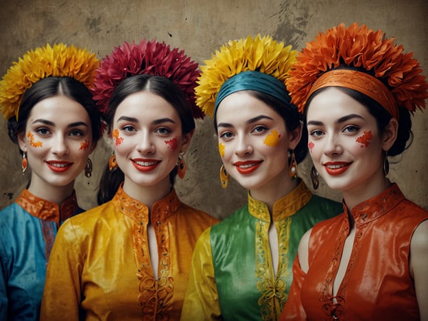 Auf dem Bild sind vier Frauen in farbenfrohen Kostümen zu sehen, die lebendige Farben wie Gelb, Rot, Grün und Blau tragen. Ihre Kostüme sind mit traditionellen Mustern und Verzierungen geschmückt, die häufig in verschiedenen Kulturen verwendet werden.Die Farben haben oft besondere Bedeutungen:- **Gelb** steht für Freude, Optimismus und Energie.- **Rot** symbolisiert Leidenschaft, Liebe und Kraft.- **Grün** repräsentiert Wachstum, Hoffnung und Erneuerung.- **Blau** vermittelt Frieden, Ruhe und Stabilität.Zusätzlich tragen die Frauen bunte Blumenkränze im Haar, die einen festlichen und fröhlichen Eindruck vermitteln. Ihre Gesichtsbemalung in leuchtenden Farben verstärkt den lebendigen Ausdruck und ihre freundlichen Lächeln. Solche Darstellungen sind oft mit kulturellen Festen oder Feierlichkeiten verbunden, die Gemeinschaft und Freude feiern.