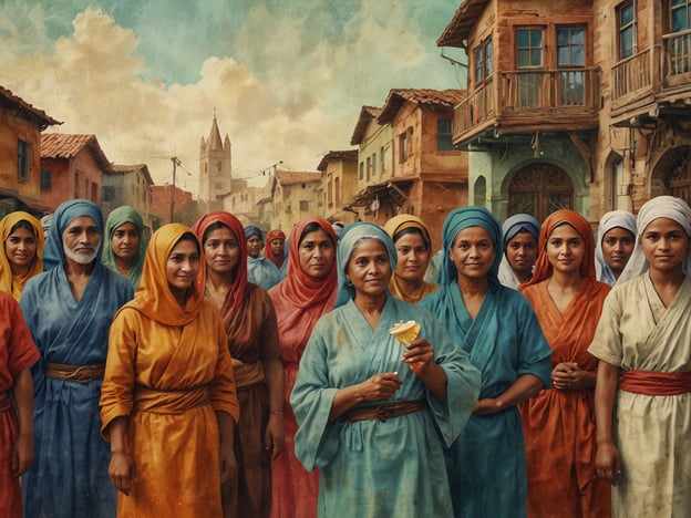 Auf dem Bild sind zahlreiche Frauen in bunten Gewändern zu sehen, die in einer städtischen Umgebung stehen. Ihre Vielfalt in Farben und Ausdrucksstilen kann symbolisch für die verschiedenen Rollen und Identitäten innerhalb einer Gemeinschaft stehen.Im Kontext des Karnevals spielt die Gemeinschaft eine zentrale Rolle. Karneval ist oft ein Fest, das die Zusammenkunft von Menschen feiert, die durch gemeinsame Traditionen, Bräuche und Werte verbunden sind. Das Bild könnte die Stärke und den Zusammenhalt zeigen, die während solcher Feiern entstehen. Die Frauen repräsentieren möglicherweise die Vielfalt innerhalb der Gesellschaft und die Bedeutung von Gemeinschaft bei der Förderung von Freude und kulturellem Austausch, die im Karneval zelebriert wird.