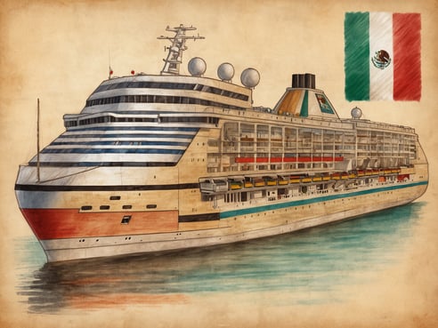 Ein Kreuzfahrtschiff mit einem farbenfrohen Anstrich, das an einem ruhigen Wasser schwimmt. Das Schiff hat mehrere Decks mit Fenstern und Balkonen. Im Hintergrund ist eine stilisierte mexikanische Flagge abgebildet, die in den oberen rechten Ecken sichtbar ist. Der Gesamteindruck vermittelt ein Gefühl von Urlaub und Reisen auf dem Meer.