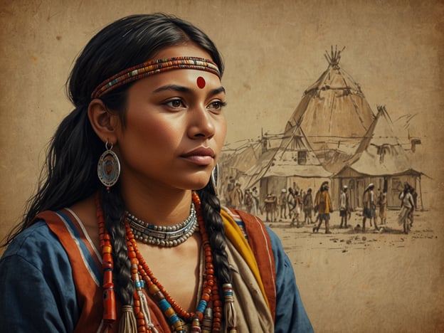 Auf dem Bild ist eine junge Frau mit traditioneller Kleidung und Schmuck zu sehen. Sie trägt mehrere Halsketten und Ohrringe, die oft in indigenen Kulturen bedeutend sind. Im Hintergrund sieht man eine Szenerie, die an ein traditionelles indigenes Dorf erinnert, mit Hütten und Menschen, die umhergehen.Dieses Bild kann verschiedene kulturelle Begegnungen mit indigenen Gemeinschaften darstellen, in denen Traditionen, Kleidung und das tägliche Leben hervorgehoben werden. Solche Darstellungen sind wichtig, um die Vielfalt der Kulturen und deren Wertschätzung zu fördern und den Dialog zwischen indigenen und anderen Gemeinschaften zu unterstützen. Sie erinnern uns an die reiche Geschichte und die Traditionen, die von Generation zu Generation weitergegeben werden.