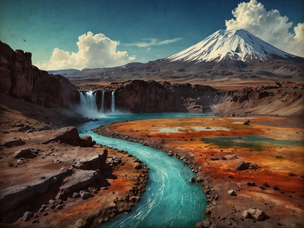 Auf dem Bild sind zahlreiche geologische Besonderheiten zu sehen. Im Vordergrund verläuft ein klarer Fluss, der sich durch eine vielfältige Landschaft windet. An den Ufern sind Farbvariationen sichtbar, die auf unterschiedliche Sedimentarten und mineralische Zusammensetzungen hinweisen.Im Hintergrund erhebt sich ein majestätischer Vulkan mit einer schneebedeckten Spitze, was auf aktive vulkanische Prozesse hinweist. Die Präsenz von Wasserfällen deutet auf eine dynamische Erosionsaktivität hin, die durch den Wasserfluss unterstützt wird. Diese Kombination von Wasser, Vulkanismus und verschiedenen Landformen zeigt die vielfältigen geologischen Aktivitäten und deren Wechselwirkungen in dieser Region.