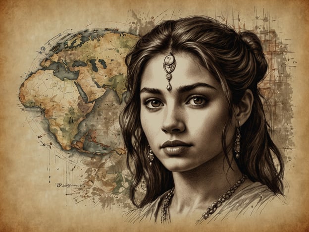 Auf dem Bild ist eine junge Frau zu sehen, die eine kulturell bedeutende Darstellung verkörpert. Ihr Aussehen, insbesondere die traditionellen Schmuckstücke wie der Stirnreif und die Ohrringe, könnten auf einen kulturellen Hintergrund aus Südasien, beispielsweise Indien, hinweisen.In der indischen Mythologie kommt der Göttin Durga, die Stärke und den Schutz symbolisiert, eine ähnliche Bedeutung zu. Oft werden Frauen mit solchen Attributen und Schmucksymbolen in einer Verbindung zu Kraft und Wohlstand gesehen.Der Hintergrund mit einer Weltkarte könnte die Verbindung zur globalen Kultur und Geschichte betonen. Solch eine Darstellung kann auch an die historischen Handelsrouten erinnern, die die Kulturen miteinander verbunden haben, und somit die Wichtigkeit von Austausch und Zusammenarbeit zwischen verschiedenen Völkern hervorheben.Insgesamt steht das Bild möglicherweise für die weibliche Stärke und die kulturelle Vielfalt, die durch Geschichte und Mythologie miteinander verwoben sind.