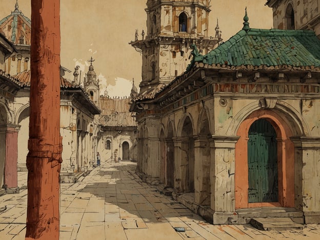 Das Bild zeigt eine architektonische Darstellung, die an koloniale Missionen denken lässt, möglicherweise in Südamerika. In diesem Kontext spielen die Jesuitenmissionen eine bedeutende Rolle.Die Jesuitenmissionen im 17. und 18. Jahrhundert waren bedeutende kulturelle und religiöse Unternehmungen, die darauf abzielten, indigenen Völkern europäisches Christentum nahezubringen. Diese Missionen waren oft eng mit dem Aufbau von Schulen und dem Schutz der indigenen Bevölkerung vor Ausbeutung verbunden.Die Jesuiten errichteten beeindruckende Missionen, die sowohl als religiöse Zentren als auch als Orte des Handels und der Bildung dienten. Ihre architektonischen Stile kombinierten europäische und lokale Elemente, was zu einem einzigartigen kulturellen Erbe führte. Die Missionen sind heute oft als UNESCO-Weltkulturerbe anerkannt und zeugen von diesem historischen Austausch zwischen Kulturen.