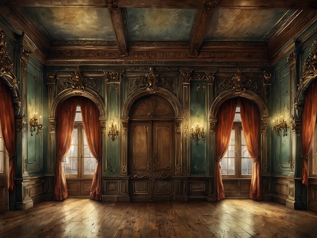 Auf dem Bild ist ein prächtig gestalteter Raum zu sehen, der typische architektonische Merkmale des Barock aufweist. Die Wände sind reich verziert und zeigen aufwendige Ornamente, die für den Barockstil charakteristisch sind.Besonders auffällig sind die hohen, geschwungenen Fensterbögen, die für viel Licht sorgen. Die opulente Farbgestaltung mit blauen und goldenen Akzenten verleiht dem Raum Eleganz.Die Kronleuchter an den Wänden und die schweren, roten Vorhänge tragen zur dramatischen Atmosphäre bei. Auch die hölzernen Dielen und die kunstvollen Deckenelemente mit ihren Wasserspeier- und Blattmotiven sind typisch für diese Epoche, die Pracht und Überfluss zelebriert.