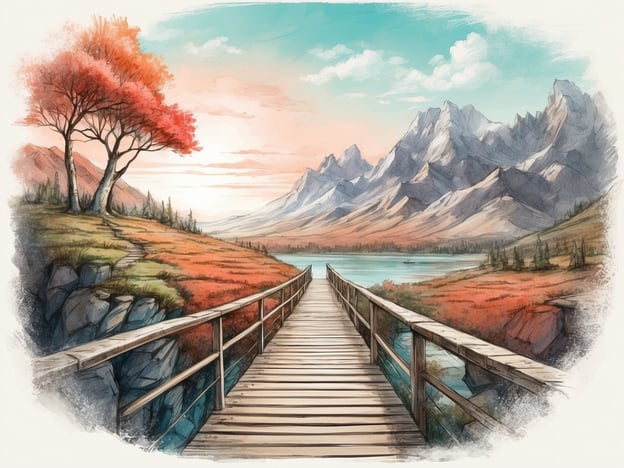 Das Bild zeigt eine malerische Landschaft mit einem Holzsteg, der zu einem ruhigen Gewässer führt. Umgeben von majestätischen Bergen und bunten Bäumen, vermittelt die Szenerie eine friedliche und harmonische Atmosphäre. Im Herbst ist die Umgebung besonders eindrucksvoll, da die Blätter der Bäume in warmen Rottönen leuchten.In einem Baumwipfelpfad kann man durch die Baumkronen spazieren und eine einzigartige Perspektive auf die Natur genießen. Solch ein Pfad ermöglicht es, die Vielfalt der Flora und Fauna hautnah zu erleben, während man über den Boden hinausblickt und die Schönheit der Landschaft aus neuen Höhen entdeckt.