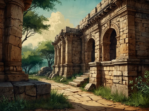 Auf dem Bild sind Ruinen zu sehen, die aus massivem Stein gebaut sind. Die Architektur weist Kombinationen von Bögen und Säulen auf, was auf einen klassischen Baustil hindeutet. Die Struktur hat vermutlich mehrere Eingänge, die durch die Bögen akzentuiert werden.Die Wände sind aus grob behauenen Steinen zusammengesetzt, und die Handwerkskunst deutet auf eine historische Bauweise hin, die Stabilität mit ästhetischen Elementen verbindet. Die Umgebung ist grün und bewachsen, was darauf hinweist, dass die Ruinen schon lange nicht mehr genutzt werden und die Natur sich ihren Raum zurücknimmt. Die Wege zwischen den Ruinen sind unebenen und teilweise mit Gras und Schutt bedeckt, was die antike und vergessene Atmosphäre verstärkt.