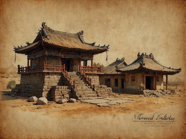 Auf dem Bild sind traditionelle asiatische Bauwerke zu sehen, die wahrscheinlich aus der mongolischen oder chinesischen Architektur stammen. Diese Gebäude sind oft Orte der spirituellen Praktiken und kulturellen Zeremonien.Kulturell sind solche Strukturen oft mit dem Buddhismus oder dem Daoismus verbunden, wo sie als Tempel oder Meditationsstätten dienen. Sie vermitteln eine Verbindung zur Natur und zur Spiritualität, was sich in ihrer harmonischen und oft dekorativen Bauweise zeigt. Die Verwendung von Holz und Stein sowie die geschwungenen Dächer sind charakteristisch für diese Traditionen.Spirituell sind solche Orte häufig bereichert mit Symbolen, die den Glauben und die Weisheit der jeweiligen Religion verkörpern. Sie ziehen Pilger und Besucher an, die Ruhe und Besinnung suchen. Die Umgebung könnte ebenfalls spirituelle Bedeutung haben, da in vielen asiatischen Kulturen bestimmte natürliche Landschaften als heilig gelten.