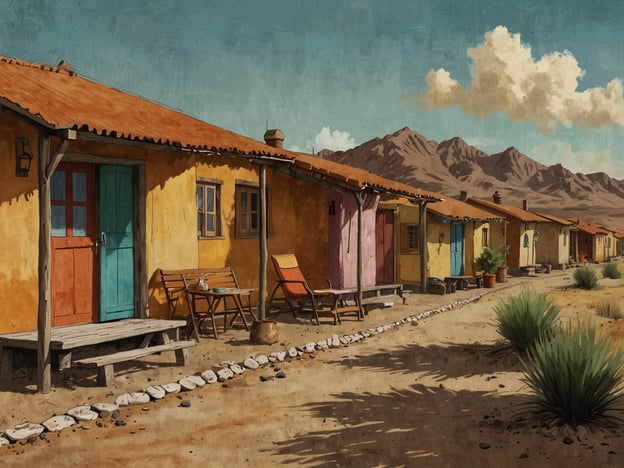Auf dem Bild sind farbenfrohe Hütten in einer ländlichen Umgebung zu sehen, die von einer Wüstenlandschaft mit Bergen im Hintergrund umgeben sind. Diese Art von Unterkünften könnte typisch für Quime in Bolivien sein, wo Reisende einfache, aber charmante Unterkünfte finden können.Für die Anreise nach Quime kann man in der Regel von größeren Städten wie La Paz oder Cochabamba aus mit dem Bus reisen. Die Straßen sind oft kurvenreich, aber die Landschaft auf dem Weg ist sehr beeindruckend. In Quime gibt es verschiedene Unterkunftsmöglichkeiten, darunter kleine Hotels und Pensionen, die gemütliche Zimmer und oft einen schönen Ausblick auf die umliegende Natur bieten. Es lohnt sich, im Voraus zu buchen, besonders in der Hochsaison.