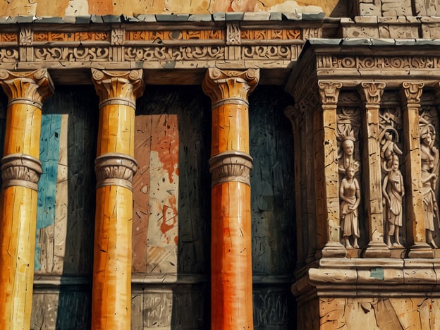 Auf dem Bild sind Säulen und kunstvoll gestaltete Wände zu sehen, die an antike Architektur erinnern, möglicherweise inspiriert von der minoischen Kultur auf Kreta, insbesondere dem Palast von Knossos. Diese Höhlen und Paläste haben eine enorme kulturelle Bedeutung, da sie nicht nur als Wohnstätten, sondern auch als zentrale Orte für religiöse Zeremonien und gesellschaftliche Aktivitäten dienten.Die Verwendung von bunten Säulen und detaillierten Reliefs reflektiert den Reichtum und die künstlerische Blüte der Zeit. Solche Orte waren oft mit Mythen und Legenden verbunden, wie der Geschichte von Theseus und dem Minotaurus, was die kulturelle Identität und das spirituelle Leben der damaligen Gesellschaft prägte. Die Höhlen und Paläste sind somit nicht nur architektonische Meisterwerke, sondern auch Symbole für Kunst, Glauben und soziale Struktur.