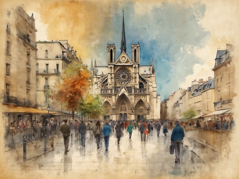 Die imposante Kathedrale Notre-Dame ist in einem nostalgischen Kunststil dargestellt, umgeben von historischen Gebäuden und einer lebhaften Straße. Menschen schlendern durch die Szene, einige stehen an Tischen vor Cafés. Bäume mit orangefarbenen und grünen Blättern verleihen dem Bild Farbe. Der Himmel zeigt eine Mischung aus warmen und kühlen Farbtönen, die den Eindruck eines schönen Tages vermitteln, während die grandiose Fassade der Kathedrale im Mittelpunkt der Komposition steht.