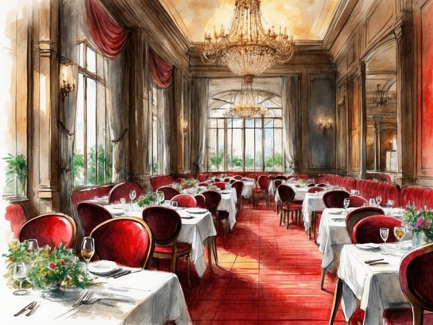 Auf dem Bild ist ein elegantes Restaurant zu sehen. Die Atmosphäre wirkt warm und einladend, mit roten Stühlen und weiß eingedeckten Tischen. Große Fenster lassen viel Tageslicht herein und bieten einen schönen Ausblick auf die Umgebung.In einem solchen Restaurant könnten Gäste ein feines Abendessen genießen, das oft aus mehreren Gängen besteht, ideal für besondere Anlässe. Die Gastronomie vor Ort könnte von regionalen Spezialitäten bis hin zu internationaler Küche reichen.Als Erholungsmöglichkeit könnten angrenzende Gartenanlagen oder Terrassen zur Verfügung stehen, wo Gäste nach dem Essen entspannen und die Umgebung genießen können. Auch eine Bar könnte Teil des Angebots sein, ideal für einen Cocktail oder Digestif nach dem Essen.