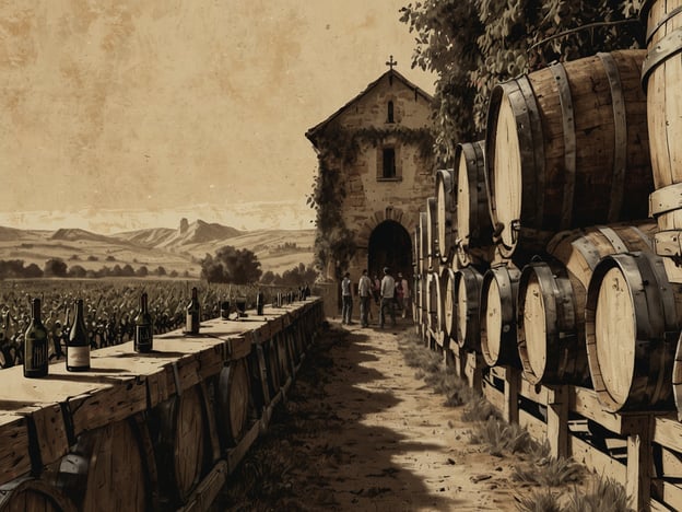 Auf dem Bild ist eine malerische Weinlandschaft zu sehen. Im Vordergrund stehen große Holzfässer, aus denen Wein gelagert wird, und eine lange Tafel, auf der mehrere Weinflaschen aufgereiht sind. Im Hintergrund erkennt man einen alten Weinkeller oder ein Weingut, umgeben von sanften Hügeln mit Weinreben.Diese Szene evoziert einige kulturelle Highlights rund um den Wein. Zum Beispiel ist der Besuch von Weingütern in Regionen wie Bordeaux, Toskana oder dem Napa Valley eine beliebte Aktivität für Weinliebhaber. Dort werden Weinproben angeboten, gefolgt von kulinarischen Köstlichkeiten, die perfekt mit verschiedenen Weinen harmonieren. Außerdem sind Weinerntefeste, wie die Vendanges in Frankreich, eine Feier der Weinproduktion, oft begleitet von Musik und Tanz, die die Kultur des Weinbaus zelebrieren.Die Landschaft spiegelt die Tradition des Weinbaus wider, die in vielen Kulturen tief verwurzelt ist und oft mit der Gastfreundschaft und dem Genuss des Lebens verbunden wird.