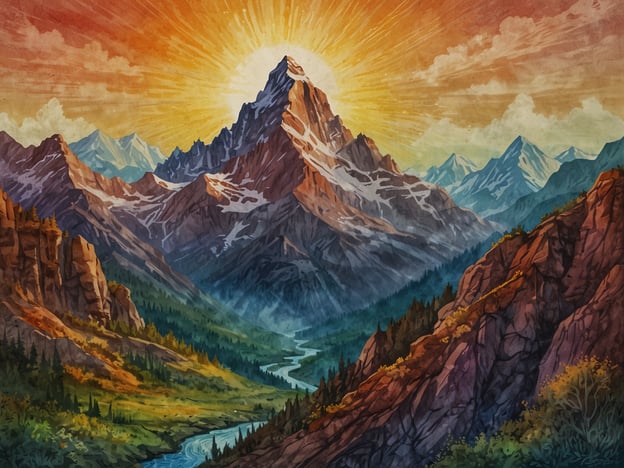 Das Bild zeigt eine majestätische Berglandschaft mit einem strahlenden Sonnenaufgang im Hintergrund. Die hohen Gipfel, wahrscheinlich inspiriert von Orten wie dem Cerro Uchumachi, sind von schneebedeckten Spitzen gekrönt und umgeben von sanften, bewaldeten Tälern und einem klaren Fluss, der sich durch die Landschaft schlängelt.Spirituelle Erfahrungen am Cerro Uchumachi könnten in diesem Kontext eine tiefe Verbindung zur Natur und zu den eigenen inneren Empfindungen verkörpern. Viele Menschen, die diesen heiligen Ort besuchen, berichten von einem Gefühl der Erneuerung und Klarheit. Die majestätische Schönheit der Berge und das Spiel von Licht und Schatten in der Natur können als Einladung verstanden werden, in die eigene Spiritualität einzutauchen und sich mit der Erde und den eigenen Emotionen zu verbinden. Die Natur wirkt oft als Spiegel für die eigene innere Reise und kann transformative Erfahrungen ermöglichen.