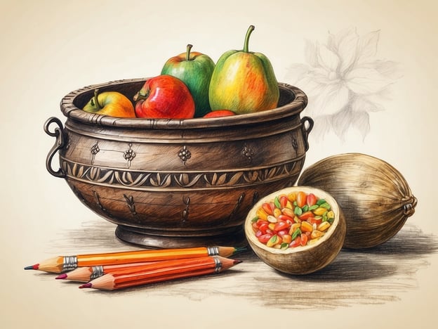 Auf dem Bild ist eine Schale mit Obst zu sehen, zusammen mit einer runden Schale voller bunter Süßigkeiten und einer weiteren runden, dunklen Form. Außerdem liegen einige Buntstifte daneben.In Bezug auf die Geschichte der Glasbläserei in Bodenmais könnte man sagen, dass die handwerkliche Kunstfertigkeit der Glasbläser in ähnlicher Weise viel Kreativität und Detailverliebtheit erfordert, wie es zum Beispiel bei der Anfertigung schöner Objekte aus Glas der Fall ist. Die traditionsreiche Glasproduktion in Bodenmais spiegelt das handwerkliche Können wider, das auch in der Darstellung dieses lebendigen Stilllebens zum Ausdruck kommt. Glasbläser nutzen Farben und Formen, um ästhetische und funktionale Objekte zu schaffen, ähnlich wie die bunten Früchte und Süßigkeiten, die im Bild gezeigt werden.