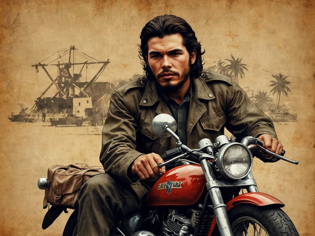Auf dem Bild ist ein Mann auf einem Motorrad zu sehen, der an Che Guevara erinnert. Um die Che Guevara Route hervorzuheben, sind hier einige wichtige Stationen seiner Reise in Südamerika:1. **Buenos Aires, Argentinien**: Hier begann Guevaras Reise, und es ist auch der Ort, an dem er auf dem Motorrad nach Nord- und Südamerika fuhr.2. **La Paz, Bolivien**: Eine wichtige Station in seinem Kampf für die Revolution in Lateinamerika.3. **Sierra Maestra, Kuba**: Hier führte Guevara den Aufstand gegen die Fulgencio Batista Regierung an, was zu seiner Bekanntheit und zu seiner Rolle in der kubanischen Revolution führte.4. **Havanna, Kuba**: Nachdem die Revolution erfolgreich war, spielte Guevara eine zentrale Rolle in der neuen Regierung.5. **Congo, 1965**: Guevara versuchte, einen revolutionären Aufstand zu unterstützen, bevor er nach Bolivien ging.6. **Bolivien, 1966-1967**: Hier setzte er seine Werke fort, bis er schließlich gefangen genommen und hingerichtet wurde.Diese Stationen sind entscheidend für das Verständnis von Guevaras Leben und den historischen Kontext seiner politischen Aktivitäten.