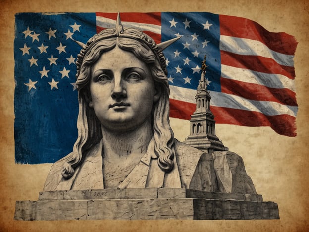 Auf dem Bild ist eine Darstellung der Freiheitsstatue zu sehen, einem ikonischen Wahrzeichen der Vereinigten Staaten. Sie symbolisiert Freiheit und die Aufnahme von Einwanderern. Im Hintergrund ist die amerikanische Flagge abgebildet, die die nationale Identität und die Werte der USA repräsentiert.Die Freiheitsstatue befindet sich auf Liberty Island in New York und ist umgeben von Wasser, was sie zu einem wichtigen Erinnerungsort für viele Menschen macht. Sie wurde 1886 eingeweiht und gilt als Geschenk Frankreichs an die Vereinigten Staaten, um die Freundschaft zwischen den beiden Nationen zu feiern.