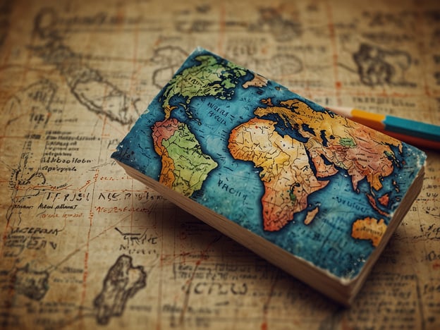 Auf dem Bild ist eine Landkarte von der Welt zu sehen, die auf einem Hintergrund aus alten Karten und Notizen liegt. Es wirkt, als ob jemand auf Entdeckungsreise geht, begleitet von einem Journal oder Notizbuch.**Reiseplan und Tipps für Entdecker:**1. **Vorbereitung**: Informiere dich über die Destinationskultur und Geschichte. Nutze Karten zur Routenplanung.2. **Ziele setzen**: Bestimme, welche Länder oder Städte du besuchen möchtest und erstelle eine Liste der Sehenswürdigkeiten.3. **Offen für Neues sein**: Lass Platz für spontane Entdeckungen und erlebe die lokale Kultur abseits der Touristenpfade.4. **Markierungen setzen**: Nutze bunte Stifte oder Marker, um wichtige Punkte oder Routen auf deiner Karte zu kennzeichnen.5. **Notizen machen**: Halte deine Erlebnisse und Eindrücke in deinem Notizbuch fest, um sie später noch einmal durchlesen zu können.Viel Spaß beim Entdecken!
