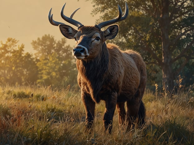Auf dem Bild ist ein Tier mit Schaufeln zu sehen, das wahrscheinlich ein Bock oder ein ähnliches Tier ist. Es steht in einer malerischen, bewachsenen Landschaft und wird von sanftem, warmem Licht beleuchtet, was auf die frühen Morgen- oder späten Abendstunden hindeutet.Die besten Zeiten für die Tierbeobachtung sind in der Regel die Dämmerungsphasen, also früh am Morgen oder spät am Nachmittag, wenn die Tiere besonders aktiv sind und sich oft in der Nähe von Wasserstellen oder Futterplätzen aufhalten.