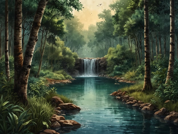 Auf dem Bild ist eine friedliche Landschaft mit einem Wasserfall und einem kleinen Gewässer zu sehen, umgeben von üppigem Grün und Bäumen.Feuchtgebiete sind für das Ökosystem von großer Bedeutung, da sie eine Vielzahl von lebenswichtigen Funktionen erfüllen. Sie dienen als Lebensraum für zahlreiche Tier- und Pflanzenarten und bieten Nistplätze für Vögel. Zudem fungieren sie als natürliche Wasserfilter, die Schadstoffe und Nährstoffe aus dem Wasser entfernen. Feuchtgebiete tragen zur Regulierung des Wasserhaushalts bei, indem sie Überschwemmungen mildern und das Grundwasser auffüllen. Darüber hinaus spielen sie eine wichtige Rolle im Kohlenstoffkreislauf, indem sie Kohlenstoff speichern und somit zur Minderung des Klimawandels beitragen.
