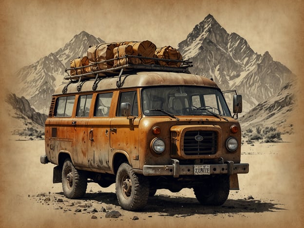 Auf dem Bild ist ein alter, rustikaler Geländewagen zu sehen, der mit Gepäck auf dem Dach ausgestattet ist. Im Hintergrund erheben sich majestätische Berge, die eine abenteuerliche Kulisse bieten.Für Abenteuerlustige gibt es viele fantastische Touranbieter, die solche Erlebnisse anbieten. Beispielsweise könnten Anbieter wie "Intrepid Travel", "G Adventures" oder "Exodus Travels" spannende Offroad-Abenteuer in malerischen Gebirgen und unberührter Natur organisiert. Diese Reiseveranstalter bieten maßgeschneiderte Touren an, die wechselnde Landschaften und kulturelle Erlebnisse vereinen.