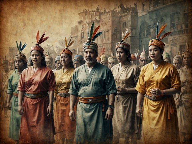 Auf dem Bild sind mehrere Personen in traditioneller Kleidung zu sehen, die miteinander eine Art kulturelle Zeremonie oder ein Fest zu feiern scheinen. Ihre bunten Gewänder sowie die Federkopfbedeckungen deuten darauf hin, dass es sich um eine festliche oder rituelle Veranstaltung handeln könnte, möglicherweise verbunden mit einem lokalen Brauch oder einer kulturellen Tradition.Die Umgebung scheint historisch und reich an Architektur zu sein, was auf eine tief verwurzelte Kultur hinweisen könnte. Veranstaltungen wie Feste oder Umzüge sind in vielen Kulturen wichtig, um Traditionen zu bewahren, Gemeinschaftsgeist zu fördern und die Identität einer Gruppe zu feiern. Solcherlei Erlebnisse bieten nicht nur eine Verbindung zur Vergangenheit, sondern auch die Möglichkeit zur Gemeinschaft, zum Austausch und zur Freude unter den Teilnehmenden.