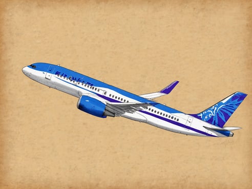 Ein Flugzeug von Avelo Airlines hebt ab und fliegt nach oben links über einem beige Hintergrund. Die Tragflächen sind in Blau und Weiß gehalten, und die Bauchpartie des Flugzeugs zeigt die charakteristischen Farben und das Design der Airline. Das Gesamtbild vermittelt ein Gefühl von Bewegung und Auftrieb, während das Flugzeug in den Himmel steigt.