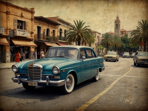Auf dem Bild ist ein klassisches Auto, vermutlich ein älteres Modell einer Mercedes-Benz-Limousine, zu sehen, das durch eine charmante, mediterrane Stadt fährt. Die Straßen sind gesäumt von Palmen und historischen Gebäuden, die eine einladende Atmosphäre schaffen. Im Hintergrund sind einige Passanten und weitere Autos zu erkennen.### Tipps für den perfekten Besuch:1. **Erkunden Sie die Umgebung**: Nehmen Sie sich Zeit, um die Architektur und die kleinen Geschäfte zu genießen. Oft gibt es versteckte Cafés oder Märkte, die einen Besuch wert sind.2. **Lokale Speisen probieren**: Suchen Sie nach Restaurants oder Straßenständen, die regionale Gerichte anbieten. Essen ist ein wichtiger Teil der Kultur!3. **Kamera mitnehmen**: Vergessen Sie nicht, Fotos von der einzigartigen Kulisse zu machen. Die Mischung aus alten Gebäuden und modernen Elementen bietet viele Fotomomente.4. **Früh ankommen**: Wenn möglich, starten Sie Ihren Tag früh, um die touristischen Hotspots zu vermeiden und die Stadt in Ruhe zu genießen.5. **Gespräche führen**: Sprechen Sie mit Einheimischen, um Insider-Empfehlungen zu erhalten. Sie können wertvolle Tipps geben, wo man am besten essen oder interessante Orte besuchen kann.Genießen Sie Ihren Besuch!