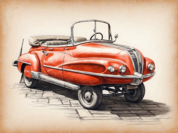 Auf dem Bild ist ein roter Oldtimer zu sehen, der in einer skizzierten Darstellung präsentiert wird.Die Glasbläserei ist für Bodenmais von großer Bedeutung, da sie einen wichtigen Teil der örtlichen Industrie und Kultur darstellt. Die Region ist bekannt für ihre Glaskunst, die sowohl traditionelle als auch moderne Techniken umfasst. Viele Künstler und Handwerker haben in Bodenmais ihre Wurzeln, und die Glasbläserei zieht Touristen an, die die Kunstfertigkeit und die Produkte bewundern möchten. Zudem fördert die Glasbläserei die wirtschaftliche Entwicklung und bewahrt ein wichtiges kulturelles Erbe, was für die Identität der Gemeinde von zentraler Bedeutung ist.