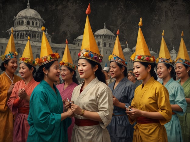 Auf dem Bild sind mehrere Frauen in traditioneller Kleidung zu sehen, die bunte, spitze Hüte tragen. Diese Art von Darstellung könnte auf Festlichkeiten und kulturelle Feierlichkeiten aus einer Region mit stark ausgeprägten Traditionen hindeuten, möglicherweise aus Ostasien oder einer spezifischen ethnischen Gemeinschaft.Die Farben der Gewänder und der Hüte könnten symbolisch für verschiedene Aspekte der Kultur stehen, wie z.B. das Feiern von Erntefesten oder religiösen Zeremonien. Solche Feiern sind oft mit Tänzen, Gesang und gemeinschaftlichem Beisammensein verbunden, was die Bedeutung von Gemeinschaft und Tradition in vielen Kulturen betont.Die Ansammlung der Frauen könnte auf ein Ritual oder eine besondere Veranstaltung hinweisen, bei der Gemeinsamkeit und Teilhabe gefeiert werden. Die Hüte, die oft mit Blumen oder anderen dekorativen Elementen geschmückt sind, verdeutlichen den festlichen Charakter und eine Verbundenheit zur Natur. Solche Traditionen fördern häufig den Zusammenhalt innerhalb der Gemeinschaft und die Weitergabe von Bräuchen von Generation zu Generation.