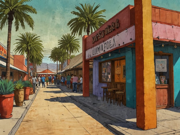 Auf dem Bild ist eine belebte Straße mit Palmen, Geschäften und vielen Menschen zu sehen. Die Architektur wirkt bunt und einladend, was auf ein lebhaftes städtisches Umfeld hindeutet.In der Gegenwart spielt Santa Ana, Kalifornien, eine bedeutende Rolle als kulturelles Zentrum, das eine vielfältige Gemeinschaft beherbergt. Die Stadt ist bekannt für ihre Kunstszene, historische Gebäude und aktive Innenstadt, die viele Veranstaltungen und Märkte anbietet. Diese Aspekte fördern das Gemeinschaftsgefühl und ziehen sowohl Bewohner als auch Touristen an. Santa Ana ist zudem ein Beispiel für städtische Entwicklung und Revitalisierung, die durch Investitionen in öffentliche Räume und lokale Geschäfte unterstützt wird.