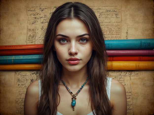 Auf dem Bild ist eine junge Frau zu sehen, die vor einer Kulisse aus bunten Büchern und alten Manuskripten steht. Ihre Ausstrahlung und der Blick auf die Kamera vermitteln eine gewisse Introspektion und Tiefe.Kulturell betrachtet könnte man sagen, dass sie an die Figur der Muse erinnert, die in der griechischen Mythologie für Inspiration und Kreativität steht. Musen sind oft als Quellen der Weisheit und Künste dargestellt und symbolisieren die Verbindung zwischen Mensch und dem Göttlichen.Die Farben der Bücher könnten verschiedene Wissensbereiche darstellen, während das antique Papier im Hintergrund an alte Zivilisationen und deren Erbe erinnert. Es gibt auch viele Legenden über bibliophile Geister, die in Bibliotheken wohnen und die Weisheit vergangener Zeiten bewahren. In vielen Kulturen sind Bücher nicht nur Wissensspeicher, sondern auch magische Objekte, die Zugang zu neuen Welten ermöglichen.Insgesamt vermittelt das Bild eine Botschaft über die Suche nach Wissen und die Rolle der Inspiration in der Kreativität.