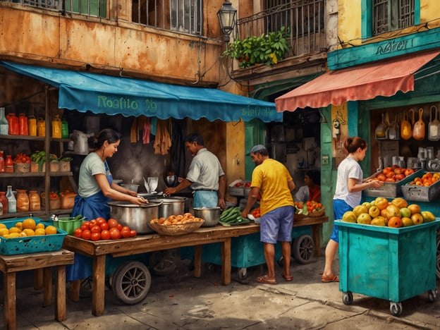 Auf dem Bild ist ein malerischer Markt zu sehen, der das lebendige Treiben und die kulinarischen Entdeckungen in Rio de Janeiro widerspiegelt. Die Stände sind reich besetzt mit frischem Obst und Gemüse, was typisch für die örtlichen Märkte ist. Die Händler bereiten verschiedene Speisen zu, während Passanten die frischen Zutaten auswählen.Typische kulinarische Erlebnisse in Rio de Janeiro könnten die Verkostung von Açaí, feinem Street Food wie Pastéis oder das traditionelle Gericht Feijoada umfassen, das oft aus frischen Zutaten zubereitet wird. Auch der Genuss von tropischen Früchten wie Mangos, Ananas und Papayas ist in dieser Umgebung ein großes Vergnügen.