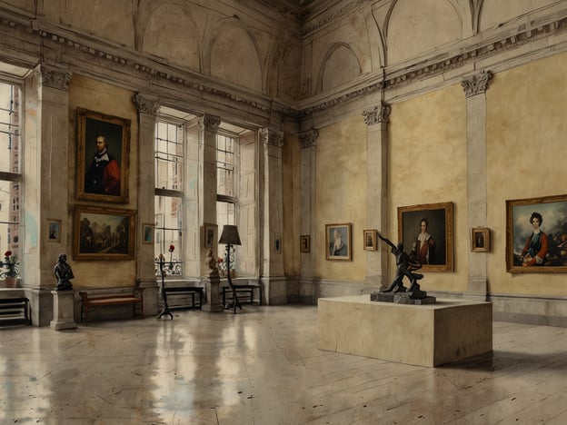 Auf dem Bild ist eine eindrucksvolle Galerie in einem Museum zu sehen. Die Wände sind mit verschiedenen Gemälden geschmückt, die Porträts und Landschaften darstellen. In der Mitte des Raumes steht eine kunstvolle Skulptur auf einem weißen Sockel. Die großen Fenster lassen viel Licht herein und schaffen eine helle und einladende Atmosphäre.Museen wie die Alte Nationalgalerie in Berlin oder das Schloss Nymphenburg in München bieten ähnliche beeindruckende Ausstellungen und schaffen eine Atmosphäre, die Kunstliebhaber begeistert. In strukturierten Räumen wie diesen kann man die Schönheit der Kunstwerke bewundern und die Geschichte hinter jedem Stück erleben.