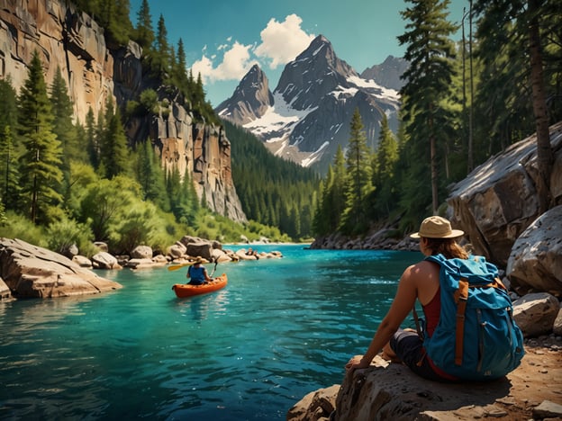 Auf dem Bild sieht man eine beeindruckende Naturlandschaft mit hohen Bergen und dichten Wäldern, umgeben von einem klaren, türkisfarbenen Fluss. Ein Abenteuerliebhaber sitzt auf einem Stein am Ufer und genießt die Aussicht, während ein anderer Paddler im Kanu den Fluss hinunterfährt.Für Abenteurer und Naturfreunde gibt es hier viele Aktivitäten:1. **Kajakfahren**: Erleben Sie die Natur vom Wasser aus und erkunden Sie versteckte Buchten und ruhige Stellen entlang des Flusses.2. **Wandern**: Die Umgebung bietet zahlreiche Wanderwege mit unterschiedlichen Schwierigkeitsgraden, die durch atemberaubende Landschaften führen.3. **Fotografie**: Halten Sie die wunderschöne Natur und die spektakulären Ausblicke fest.4. **Wildtierbeobachtung**: Achten Sie auf die lokale Tierwelt in den Wäldern und im Wasser.5. **Camping**: Übernachten Sie in der Natur und genießen Sie die Sterne in der klaren Nacht.Diese Umgebung lädt zu einer Vielzahl von Aktivitäten ein, die das Abenteuer und die Schönheit der Natur in den Vordergrund stellen.