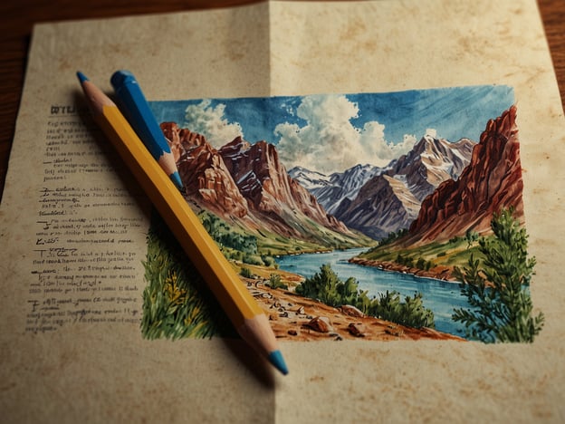 Auf dem Bild ist eine malerische Landschaft mit Bergen, einem Fluss und üppiger Vegetation zu sehen, die von zwei Buntstiften flankiert wird. Dies könnte eine ideale Inspirationsquelle für Abenteurer sein, die entschlossen sind, die Natur zu erkunden!Hier sind einige Reiseinformationen für Abenteurer:1. **Destination**: Sucht nach Orten, die ähnliche beeindruckende Landschaften zu bieten haben, wie die Alpen, die Rocky Mountains oder Himalaya-Regionen.2. **Aktivitäten**: Plant Wanderungen, Kanutouren oder Fotografie-Exkursionen, um die Schönheit der Natur festzuhalten.3. **Ausrüstung**: Vergesst nicht, die richtigen Werkzeuge mitzunehmen – von Wanderstiefeln über Trekkingstöcke bis hin zu Skizzenmaterialien, um Eindrücke festzuhalten.4. **Umweltbewusstsein**: Achtet beim Erkunden darauf, die Natur zu respektieren und euch an die Prinzipien des „Leave No Trace“ (Hinterlasse keinen Hinweis) zu halten.5. **Erlebnisse**: Versucht, lokale Flora und Fauna zu entdecken und das kulturelle Erbe der Region, die ihr besucht, zu erfahren.Macht euch auf den Weg, um Abenteuer in wildem Terrain zu erleben!