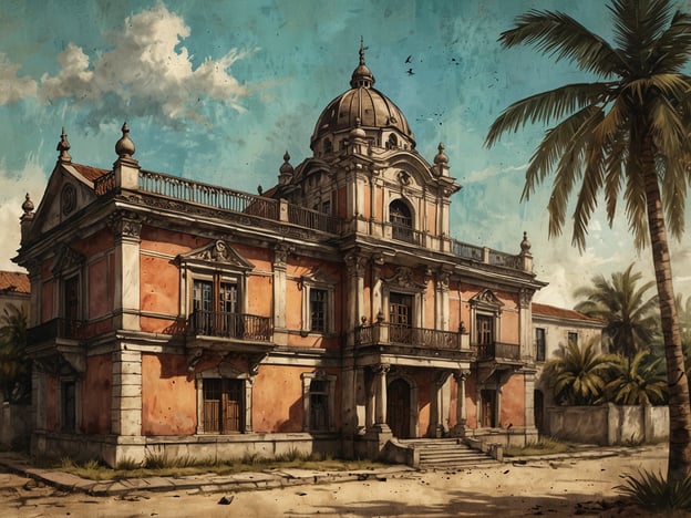 Das Bild zeigt ein historisches, prächtiges Gebäude mit einer markanten Kuppel und einem eindrucksvollen Eingang. Solche Bauwerke sind typisch für Olinda, eine Stadt in Brasilien, die für ihre koloniale Architektur und ihr reiches kulturelles Erbe bekannt ist.Olinda wurde im 16. Jahrhundert von den Portugiesen gegründet und entwickelte sich schnell zu einem wichtigen Zentrum für Zuckerrohrproduktion. Die Stadt war während des Kolonialzeitalters ein bedeutender Handelsplatz, was sich in der architektonischen Pracht vieler Gebäude widerspiegelt. Olinda ist heute für ihr gut erhaltenes historisches Zentrum bekannt, das zum UNESCO-Weltkulturerbe gehört. Die bunten Häuser, Kirchen und Festungen sind Zeugen der kolonialen Vergangenheit und der kulturellen Vielfalt, die die Stadt geprägt haben.Die Palm Trees im Bild deuten auf das tropische Klima hin, das Olinda charakterisiert, und tragen zur malerischen Kulisse bei. Im Kontext der brasilianischen Geschichte steht Olinda symbolisch für den Einfluss der Kolonisation und die Entwicklung einer einzigartigen kulturellen Identität.