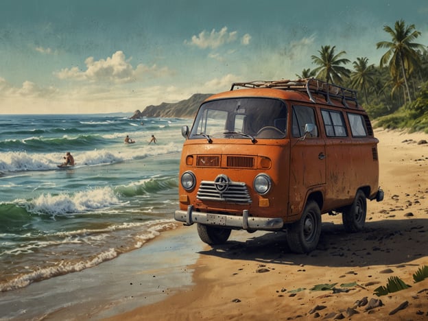 Auf dem Bild ist ein orangefarbener VW-Bus an einem Strand zu sehen, wo sich die Wellen sanft brechen. Im Hintergrund sieht man Palmen und Menschen, die im Wasser schwimmen oder am Strand entspannen.In Florianópolis kannst du ähnliche Aktivitäten genießen:1. **Strandbesuche**: Es gibt viele wunderschöne Strände wie Praia Mole und Jurerê, ideal zum Schwimmen und Sonnenbaden.2. **Surfen**: Die Wellen an vielen Stränden sind perfekt für Surfer aller Levels.3. **Wandern**: Die umliegenden Hügel bieten tolle Wandermöglichkeiten mit atemberaubenden Ausblicken auf die Küste.4. **Fahrradtouren**: Entdecke die Insel per Fahrrad und genieße die Natur und die Strände.5. **Culinarische Erlebnisse**: Probier lokale Spezialitäten in den vielen Restaurants und Cafés, die frischen Fisch und Meeresfrüchte anbieten.Florianópolis hat für jeden etwas zu bieten!