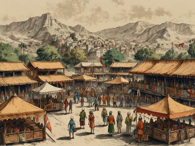 Auf dem Bild sieht man einen lebhaften Markt oder Basar, wahrscheinlich auf einer Insel in den Bergen. Die Stände sind mit bunten Stoffen und Fahnen dekoriert, was typisch für traditionelle Märkte in vielen Kulturen ist.Die Menschen sind in traditioneller Kleidung gekleidet, was auf die kulturellen Bräuche der Region hinweist. Solche Märkte sind oft ein zentraler Bestandteil des Gemeinschaftslebens, wo lokale Produkte, Kunsthandwerk und Lebensmittel verkauft werden.Zusätzlich könnten Feste oder Feiertage gefeiert werden, was durch die festliche Atmosphäre und die Dekorationen suggeriert wird. Kulinarische Spezialitäten der Insel könnten ebenfalls angeboten werden und die Vielfalt der Kulturen und Traditionen widerspiegeln.