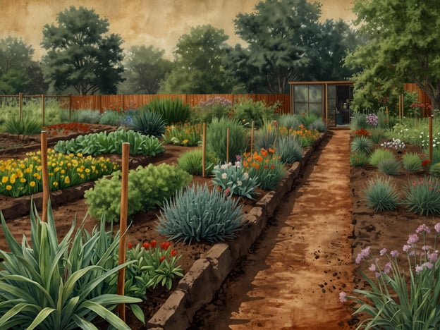 Auf dem Bild ist ein botanischer Garten zu sehen, der verschiedene Pflanzbeete und eine ländliche Atmosphäre bietet. Die Beete sind sorgfältig angelegt und zeigen eine Vielzahl von Pflanzen, darunter Blumen und Kräuter.Nachhaltige Praktiken im botanischen Garten könnten Folgendes umfassen:1. **Kompostierung**: Die Verwendung von organischen Abfällen zur Verbesserung des Bodens.2. **Wassermanagement**: Regenwassernutzung und Tröpfchenbewässerung, um den Wasserverbrauch zu minimieren.3. **Nutzung einheimischer Pflanzen**: Förderung der Artenvielfalt und Unterstützung der lokalen Ökosysteme.4. **Biologische Schädlingsbekämpfung**: Vermeidung chemischer Pestizide durch den Einsatz von Nützlingen.5. **Bodengesundheitspflege**: Fruchtwechsel und Mulchen zur Erhaltung der Bodenfruchtbarkeit.Diese Praktiken fördern die Umwelt und tragen zur Erhaltung von Biodiversität und Natur bei.