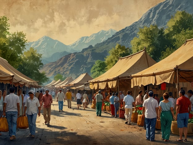 Auf dem Bild sehen wir einen lebhaften Markt, der von mehreren Zelten gesäumt ist. Im Hintergrund erheben sich majestätische Berge, die eine dramatische Kulisse bieten. Die Menschen auf dem Markt scheinen fröhlich und beschäftigt zu sein, während sie frisches Obst und Gemüse kaufen.Marktszenen wie diese sind ein wichtiger Teil vieler Kulturen, wo lokale Erzeuger ihre Produkte anbieten und die Gemeinschaft zusammenkommt. Solche Märkte fördern nicht nur den Austausch von Lebensmitteln, sondern auch sozialen Kontakt und kulturelle Traditionen.Die Vielfalt an Farben und die lebendige Atmosphäre spiegeln die lokale Kultur wider und laden dazu ein, die einzigartigen Aromen und die Gastfreundschaft der Region zu erleben. Hier könnte man die Gelegenheit nutzen, regionale Spezialitäten zu probieren und sich mit den Händlern auszutauschen. Ein Besuch auf einem solchen Markt ist oft eine der besten Möglichkeiten, die Seele eines Ortes zu entdecken.