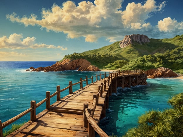 Auf dem Bild ist eine malerische Küstenlandschaft zu sehen, die perfekt zu den Abenteuer- und Freizeitmöglichkeiten auf Ilha Grande passt. Die attraktive Holzbrücke lädt ein zu Spaziergängen entlang der Küste, wo man die atemberaubende Aussicht auf das glitzernde Wasser und die umgebenden Hügel genießen kann.Aktivitäten auf Ilha Grande könnten das Wandern auf den verschiedenen Trails, wie zum Beispiel zum berühmten Lopez Mendes Strand, sein. Auch Schnorcheln und Tauchen sind beliebt, um die vielfältige Unterwasserwelt zu erkunden. Weitere Abenteuer umfassen Bootsfahrten zu versteckten Buchten und das Entdecken der reichen Flora und Fauna im Regenwald. Das Bild spiegelt die friedliche, aber gleichzeitig abenteuerliche Atmosphäre der Insel wider.
